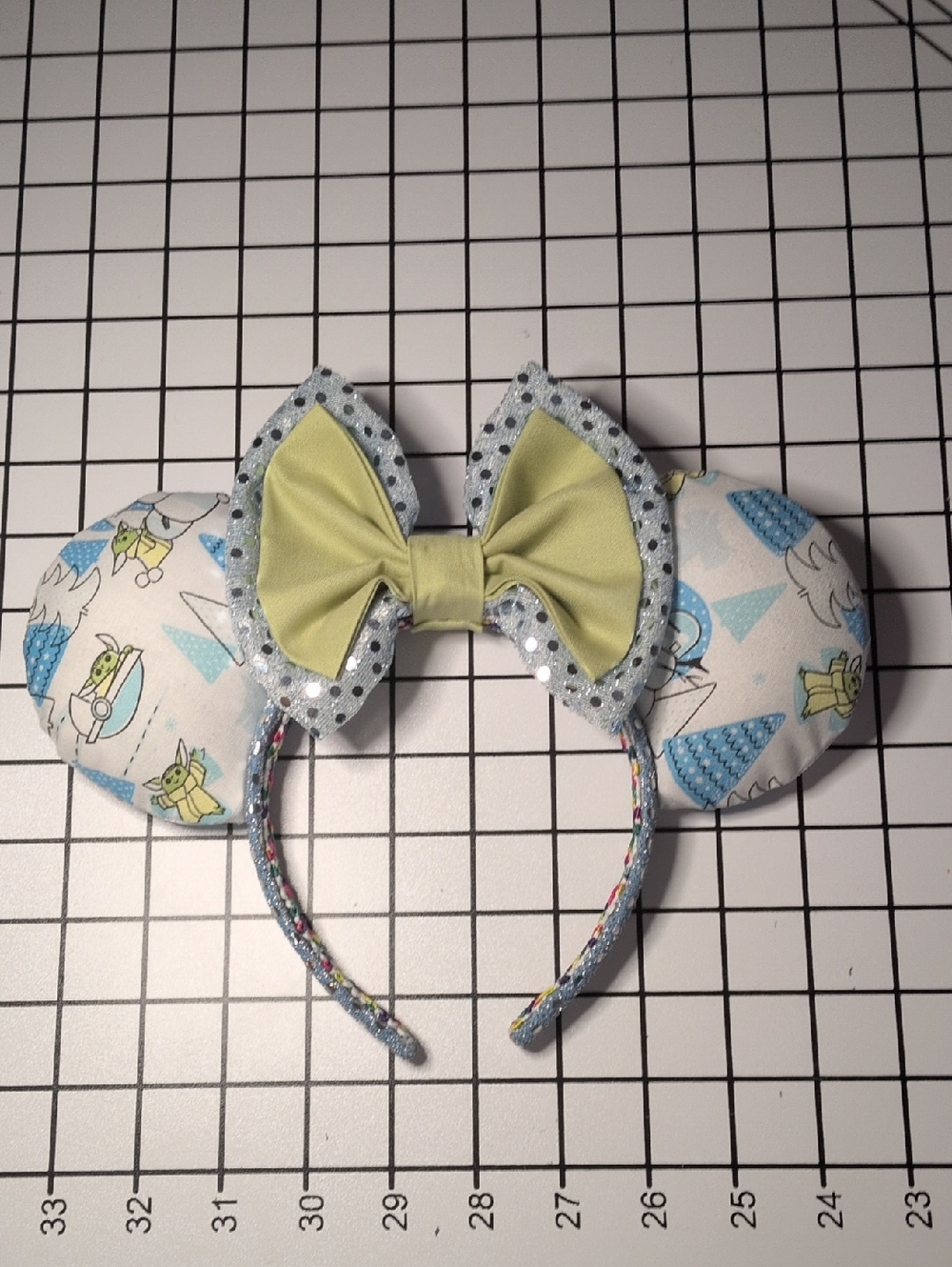 Handmade Baby Yoda Themed Minnie Ears with Lime Bow